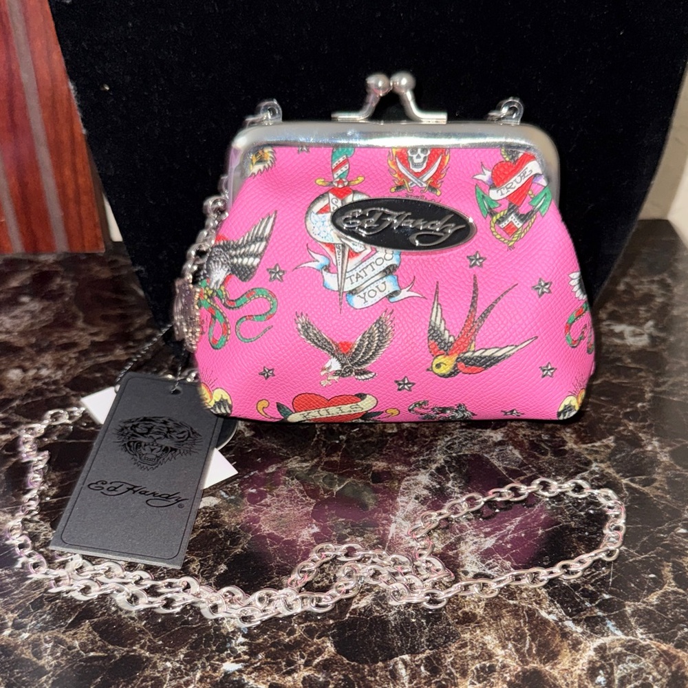 Ed Hardy Pink Tattoo-Print Kiss-Lock Mini Crossbody